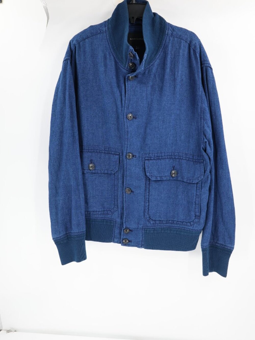 Banana Republic Bomber Jacket Men's Large Linen Cotton Indigo Button Front Blue
